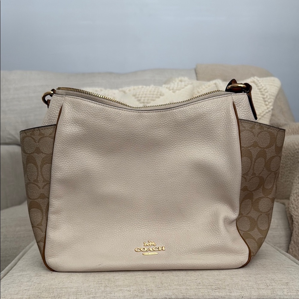 Coach Cream and Brown Shoulder Bag with Suede Panels
